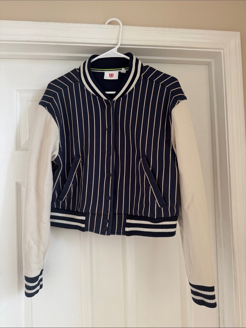 Wilson Navy Pinstripe Bomber Jacket with White Sleeves